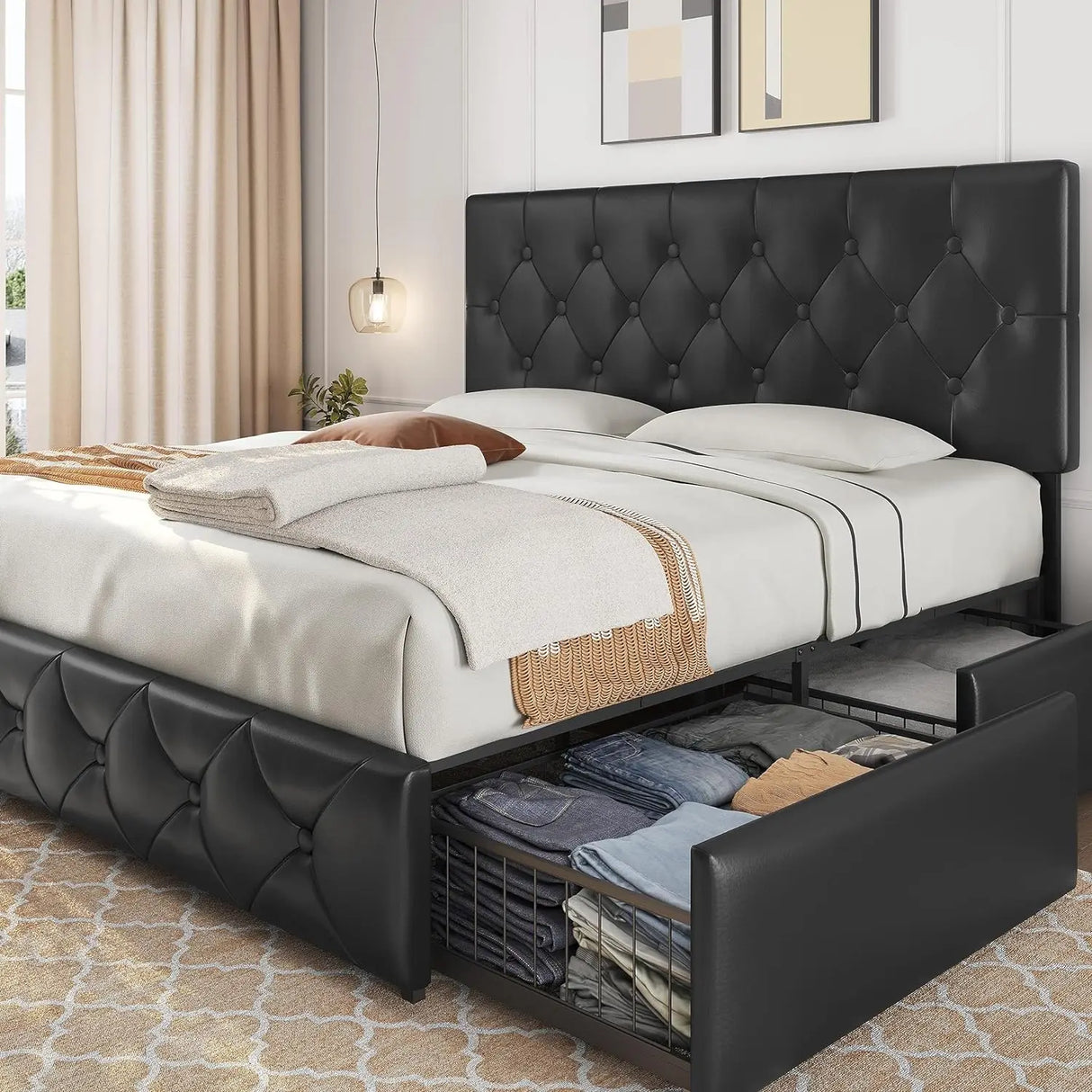 Upholstered Bed Frame with 4 Storage Drawers and