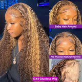 Pre Cut Highlight Wig Curly Human Hair 13x4