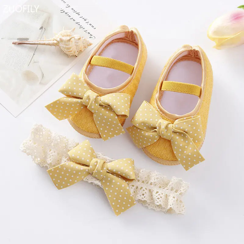 0~18M Cute Bowknot Newborn Baby Shoes Headband Set