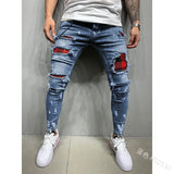 Men Jeans Knee Hole Ripped Stretch Skinny Denim