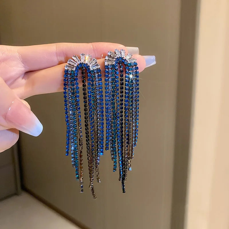 Long Retro Blue Flower Feather Tassel Dangle Earrings