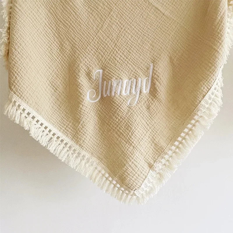 Custom Name Muslin Swaddle Fringe Cotton Baby Blanket