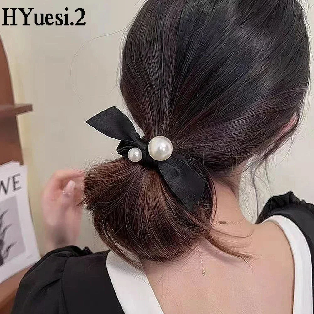 Fashion Seamless Black Hair Ties Rope Simple Pearl