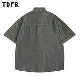 Embroidery Cargo Short Sleeve Shirts Mens Summer Vintage