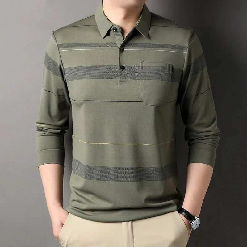 Streetwear Fashion Men Long Sleeve Striped Polo Shirts
