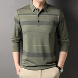 Streetwear Fashion Men Long Sleeve Striped Polo Shirts