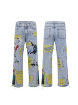 Washed Destroyed Pleated Chinese Painting Embroidered Patch Denim