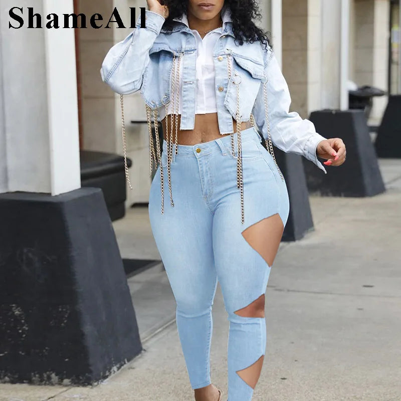 Plus Size Street Asymmetrical Cut Hole Stretchy Skinny