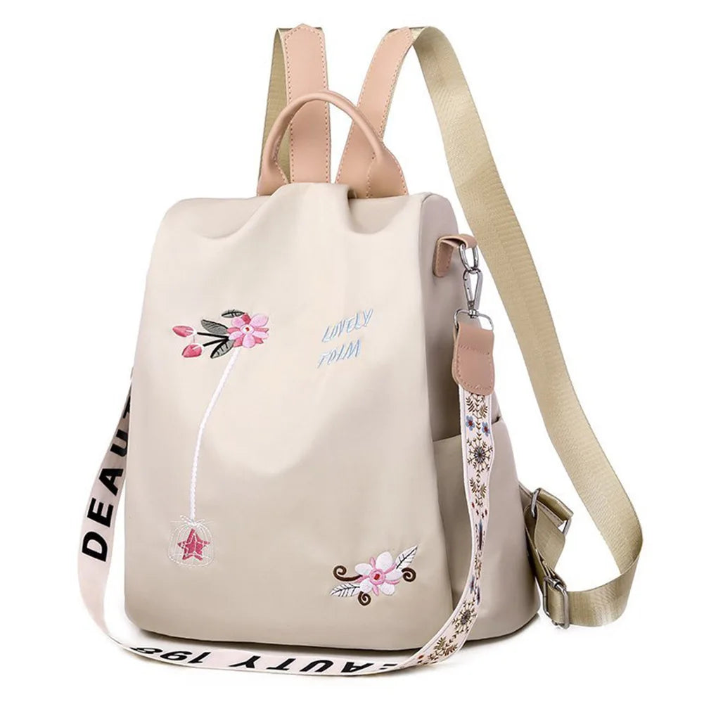 Oxford Backpack Flower Embroidery Women Travel Antitheft Rucksack