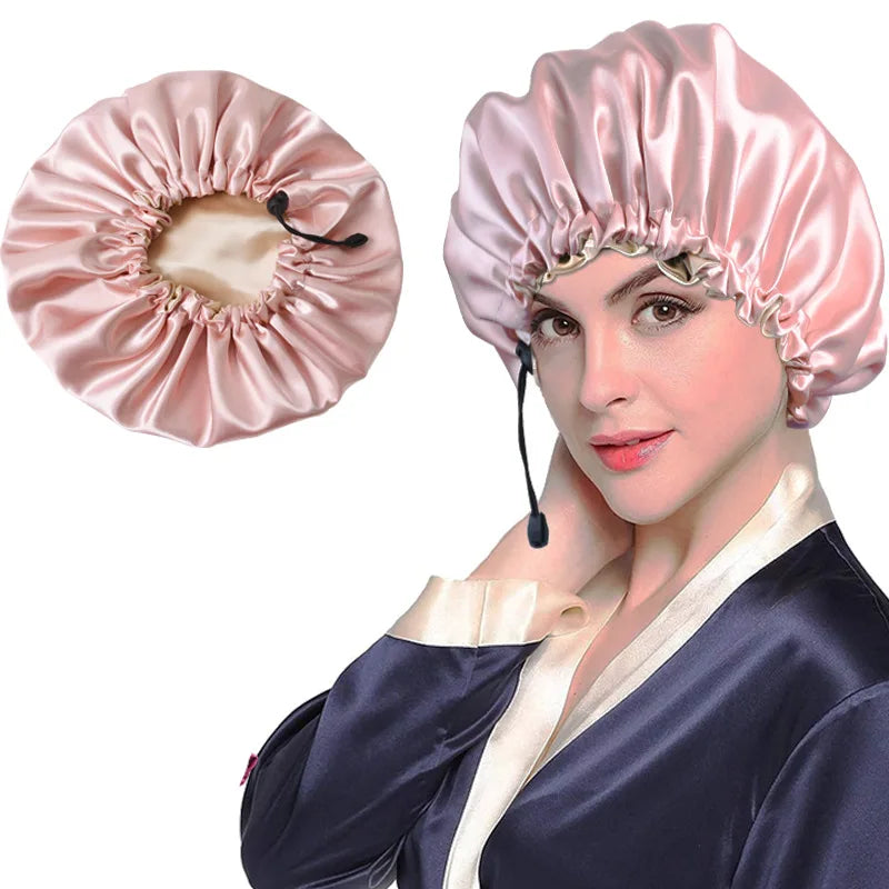 Ladies Satin Nightcap Solid Color Simple Drawstring Adjustable