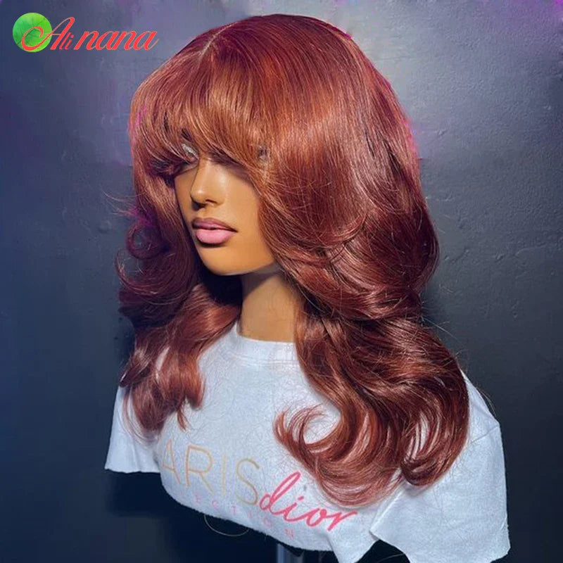 Reddish Brown Color Body Wave With Bangs 13x6
