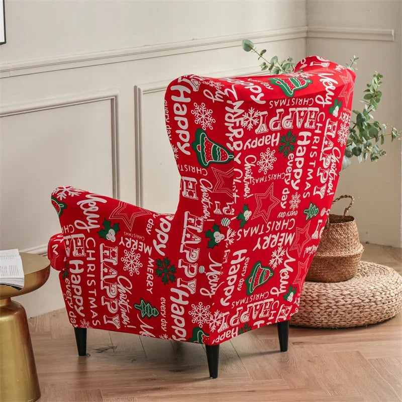 Christmas Theme Wing Chair Cover Stretch Spandex Armchair