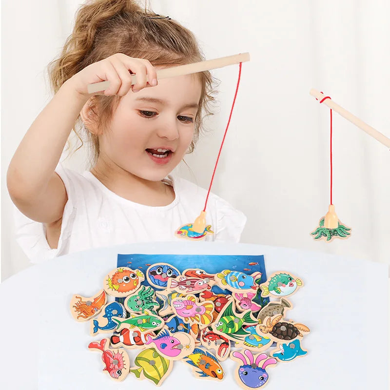 Wooden Magnetic Fshing Game Cartoon Marine Life Cognition