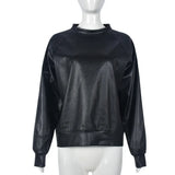 Silver Metallic PU Sweatshirt For Women Long Sleeve