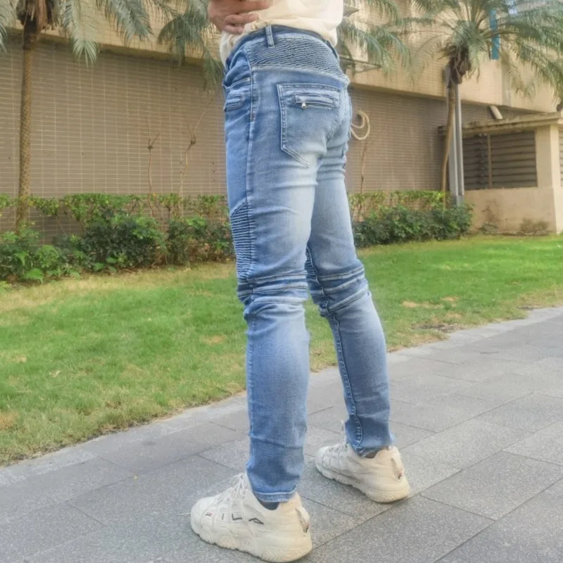 European And American Fold Zipper Motorcycle Snowflake Jeans