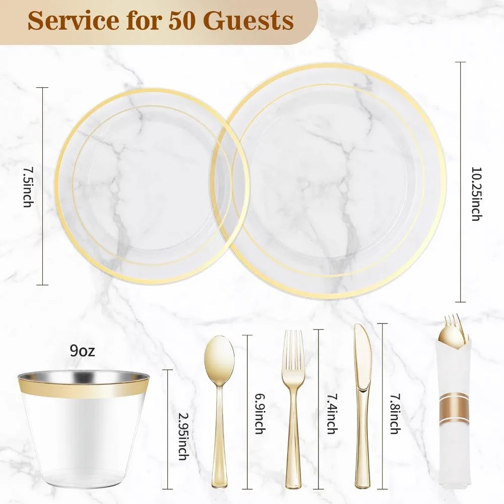 350PCS Gold Dinnerware Set, Disposable Party Plates for