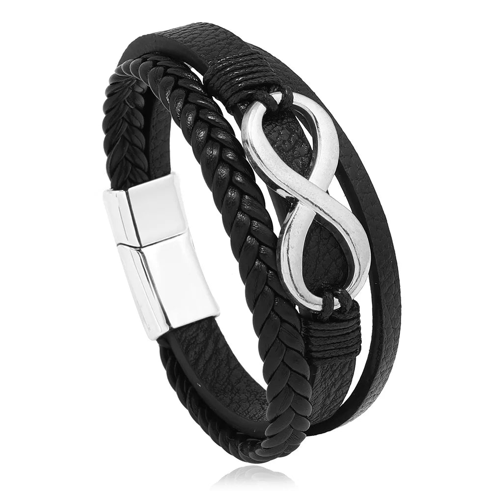 Trendy Leather Bracelets Men Stainless Steel Multilayer Braided