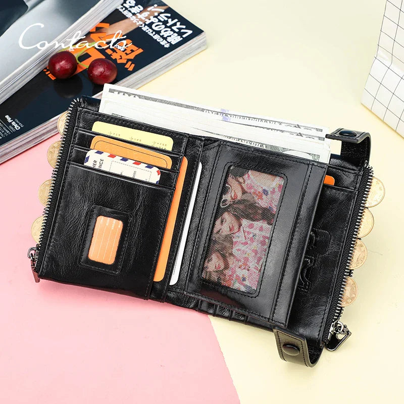 CONTACT'S Genuine Leather Women Wallets Short Casual Bifold Hasp RFID Purse ZIpper Coin Purses Card Holder Money Clip Female Bag