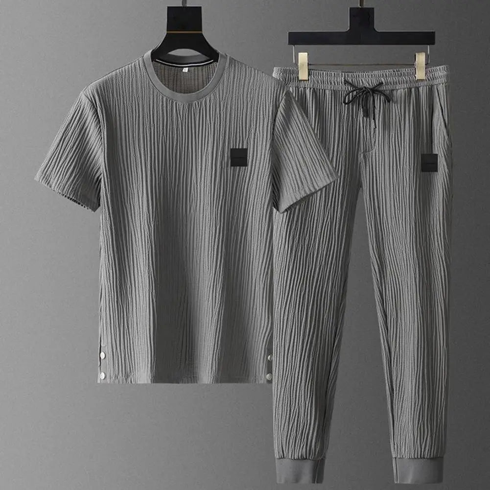 Summer Men Pleated Shirt Pants Two-pieces Set Thin