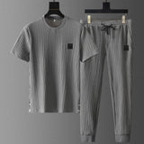 Summer Men Pleated Shirt Pants Two-pieces Set Thin