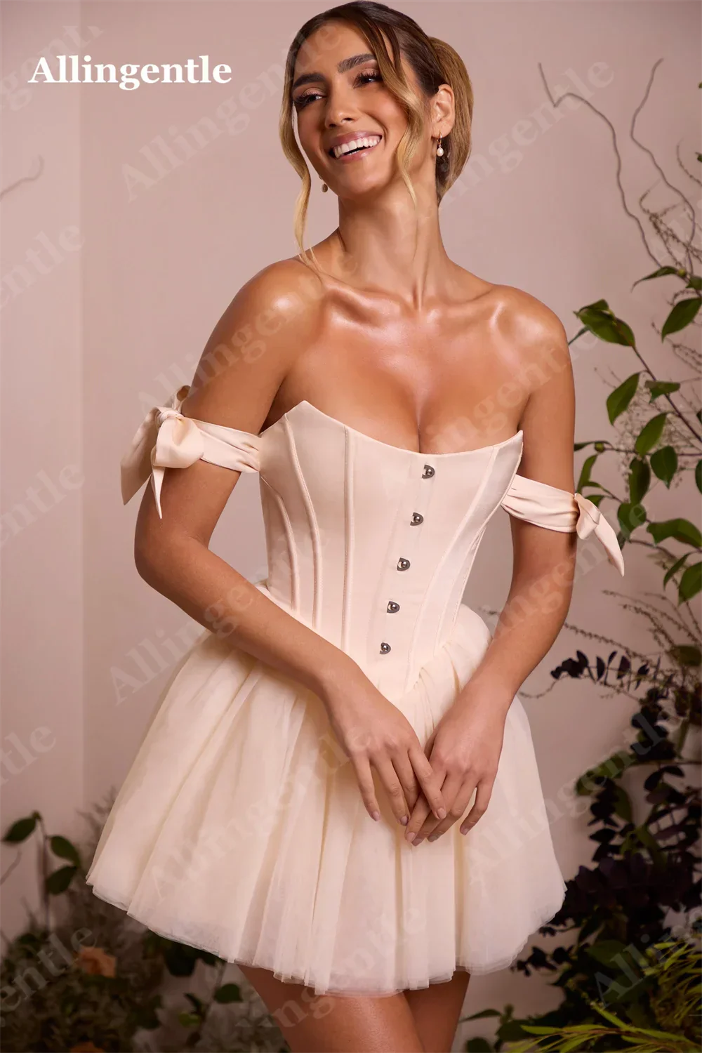 Allingentle Blush Pink Off Shoulder Homecoming Dresses 2024