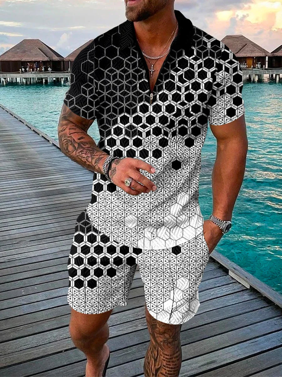Men's Tracksuit Cotton Solid Color Short Sleeve Zipper