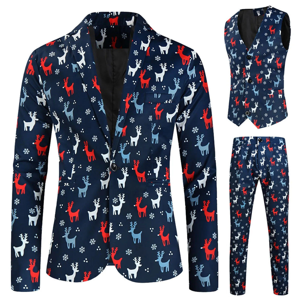 Mens Fashion Casual Suit Printed Christmas Jacket Pants