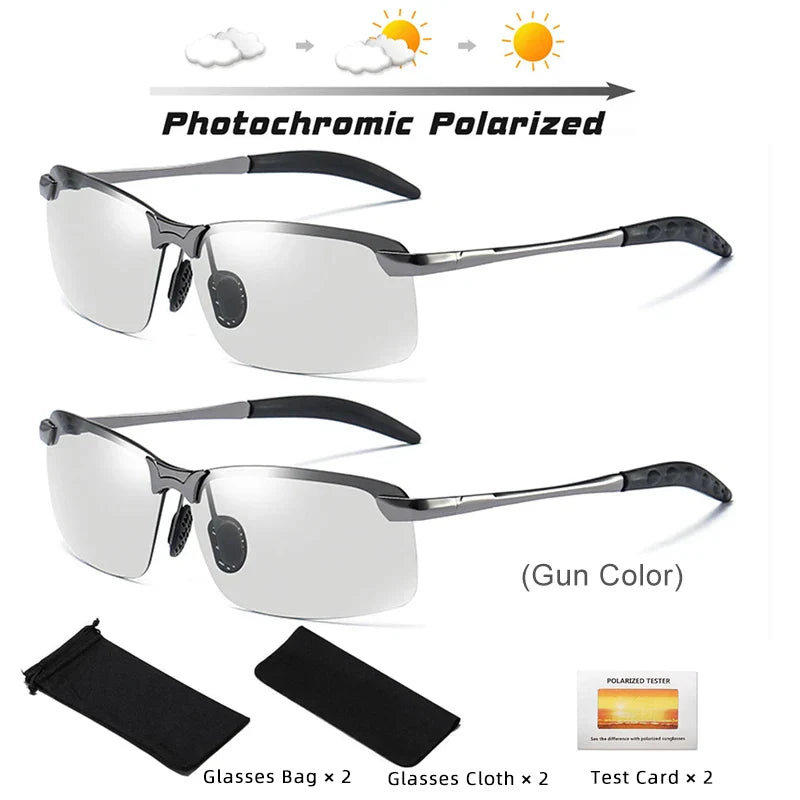 2PCS Photochromic Sunglasses Men Driving Chameleon Glasses Polarized