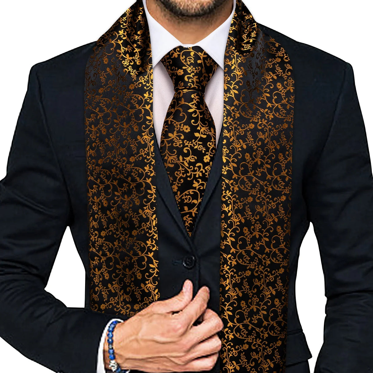 New Fashion Men Scarf Tie Set Blue Gold