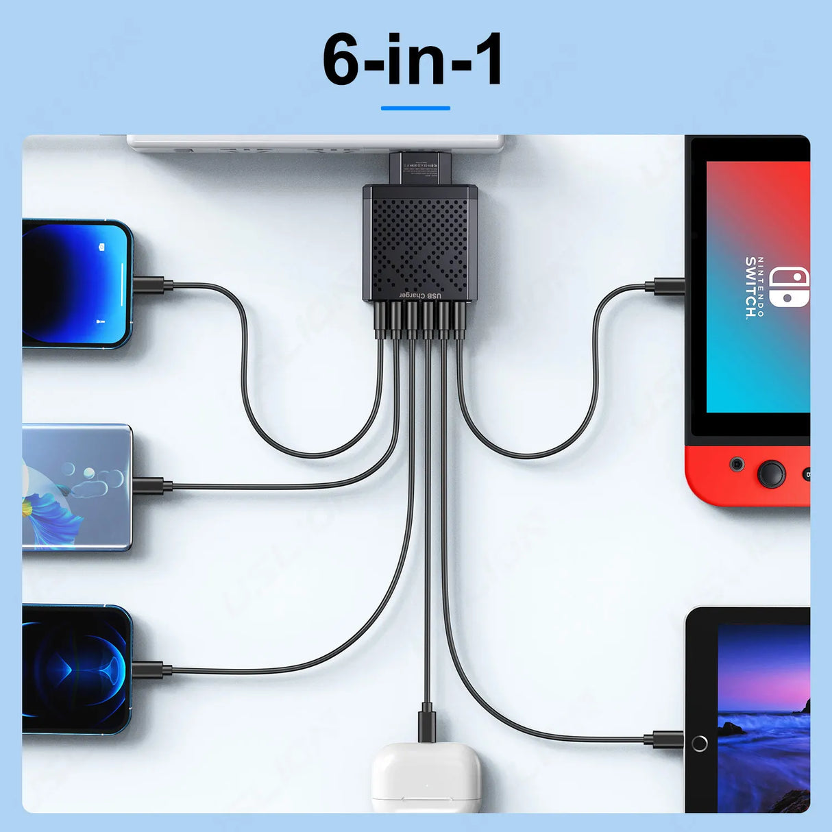 USLION 6 In 1 USB Charger QC3.0 Fast