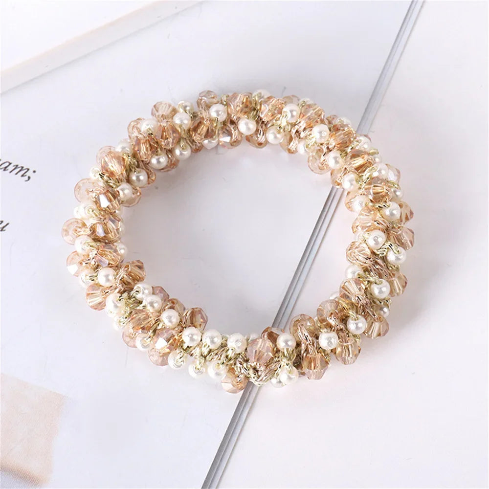 1pc Women Crystal Pearls Hair Rope Handmade Elastic