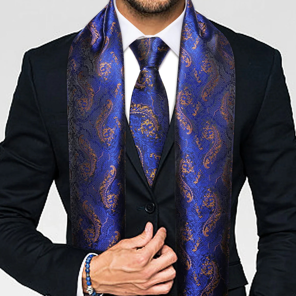 New Fashion Men Scarf Tie Set Blue Gold