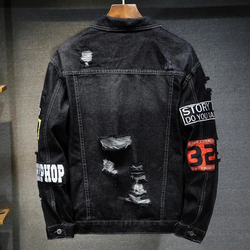 Men Brand Denim Jacket Streetwear Punk Motorcycle Ripped