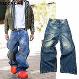 REDDACHIC Wave Patchwork Baggy Jeans Men Brushed Blue