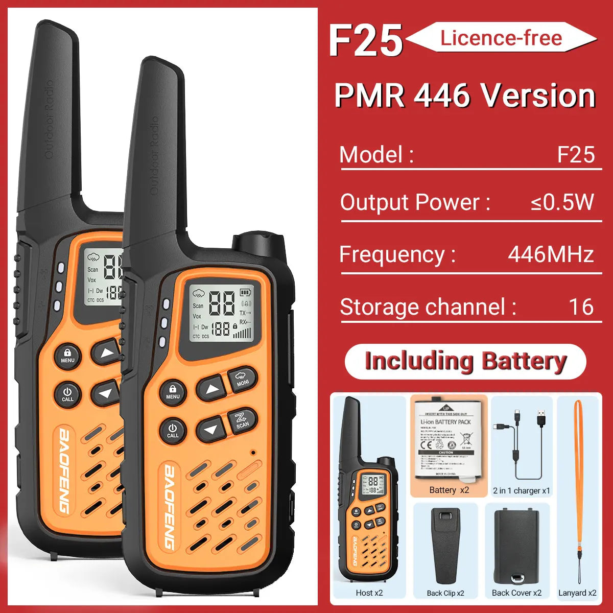 2Pack Baofeng MP25 PMR446/FRS Long Range Rechargeable Type-C