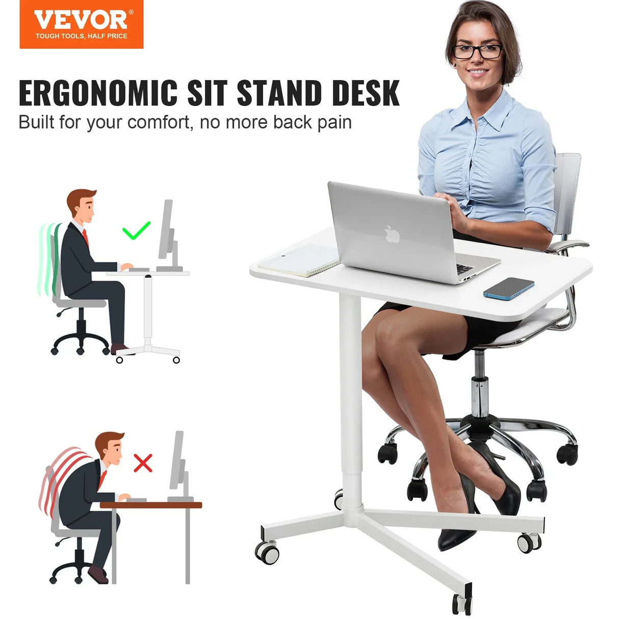 VEVOR 28"-44" Gas-Spring Height Adjustable Sit-Stand Desk W/