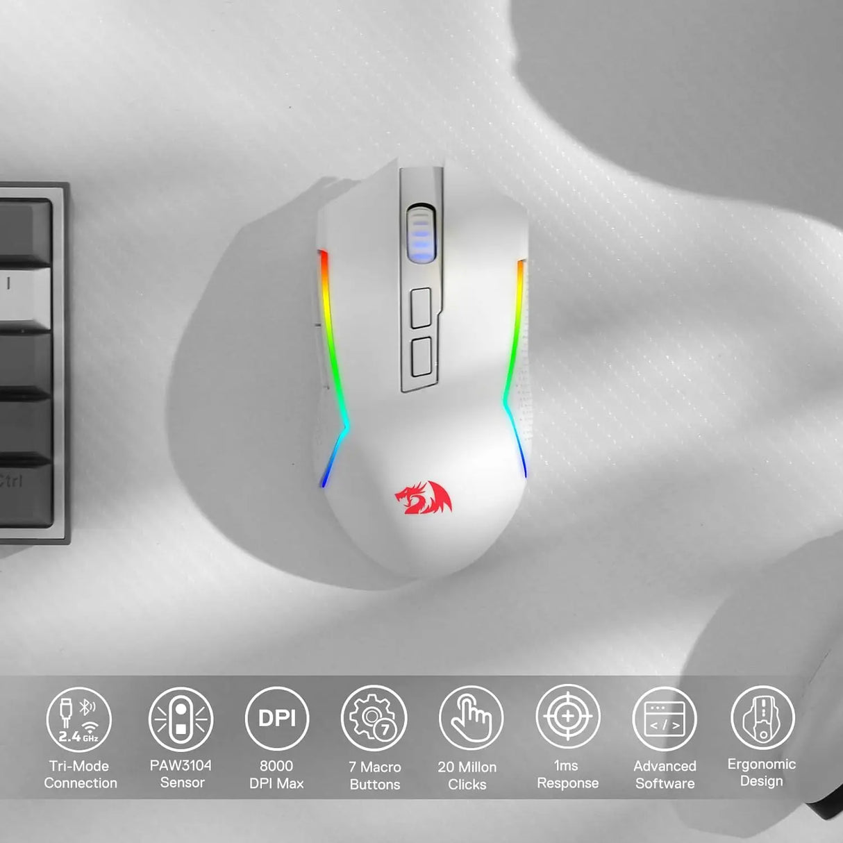 Redragon M693 Wireless/Wired BT & 2.4G Bluetooth Gaming 8000 DPI Mouse 3-Mode Connection RGB Backlight for PC/Mac/Laptop， White