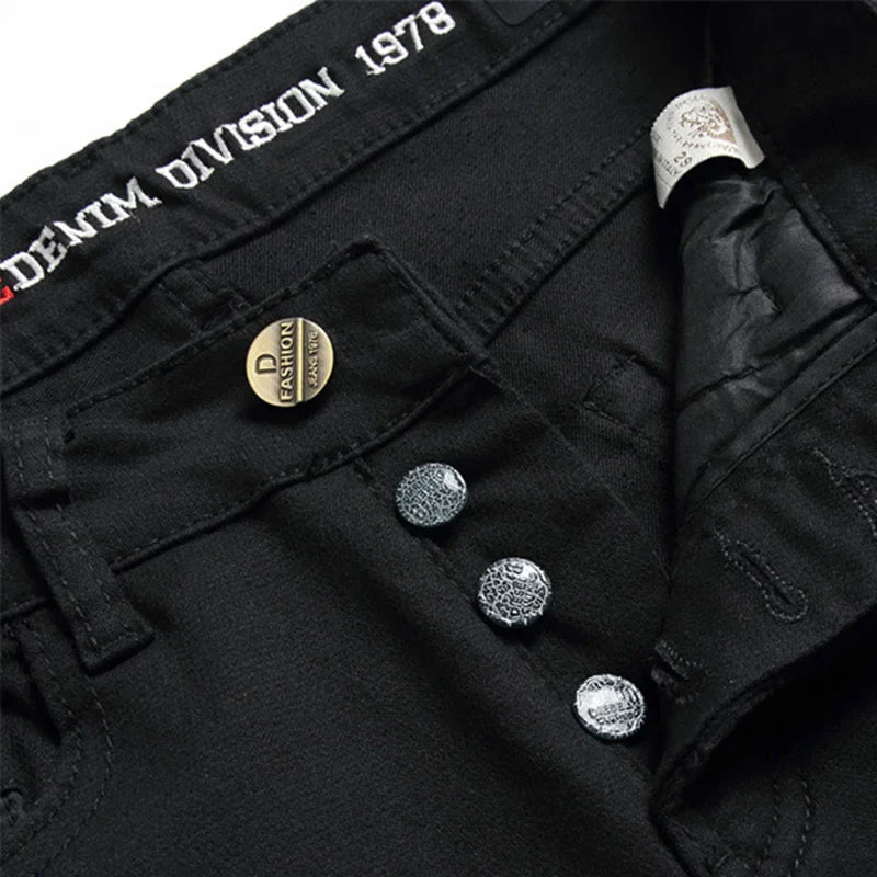 Hot Men's Black jeans Simple Trend Stretch Slim Pencil Pants High Quality Solid Color Mid-Waist Embroidered Brand Trousers