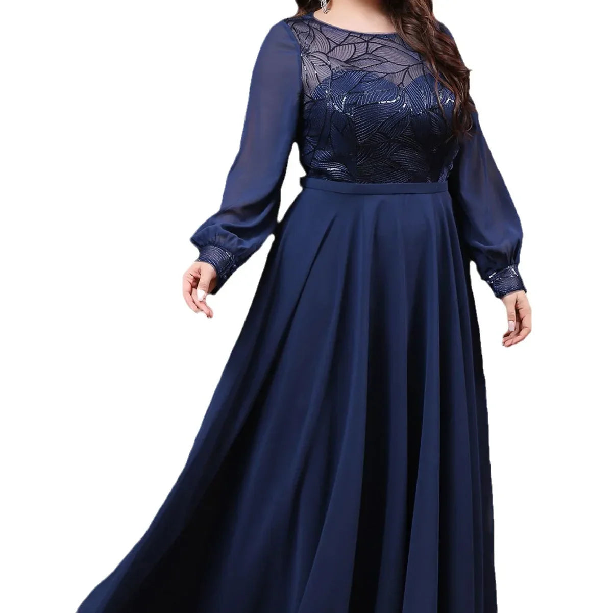 Plus Size Elegant Dress Round Neck Chiffon Mesh