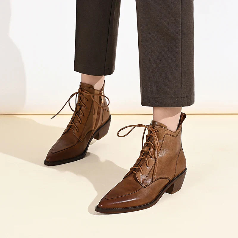 Genuine Leather Retro Mature Women Ankle Boots Pointed