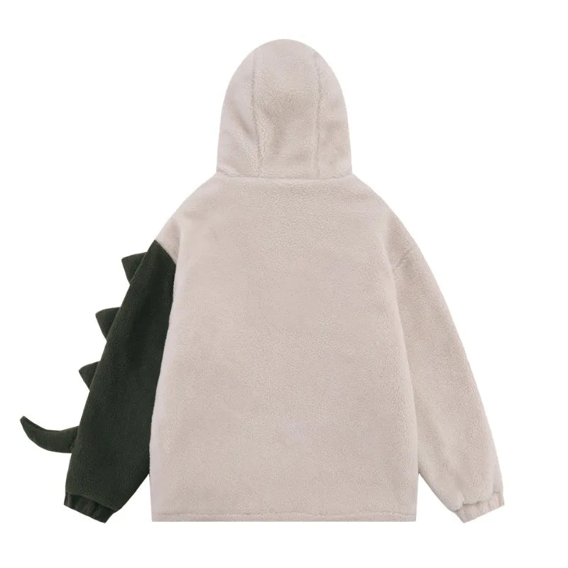 Men Hooded Fleece Lambswool Parkas Jacket Vintage Dinosaur