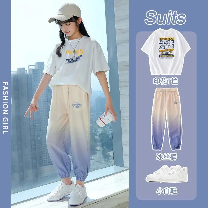 Girls Summer Trend Sports 2pcs Ice Silk T-shirts+Ninth