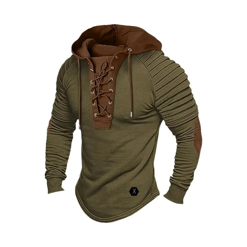 Men Hooded Sweatshirt Vintage Lace-up Drawstring Men's Hoodie