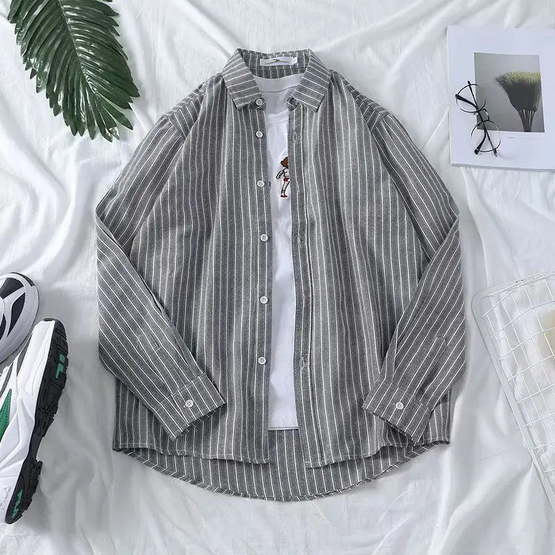 Fashion Lapel Button All-match Printed Striped Shirts Men's