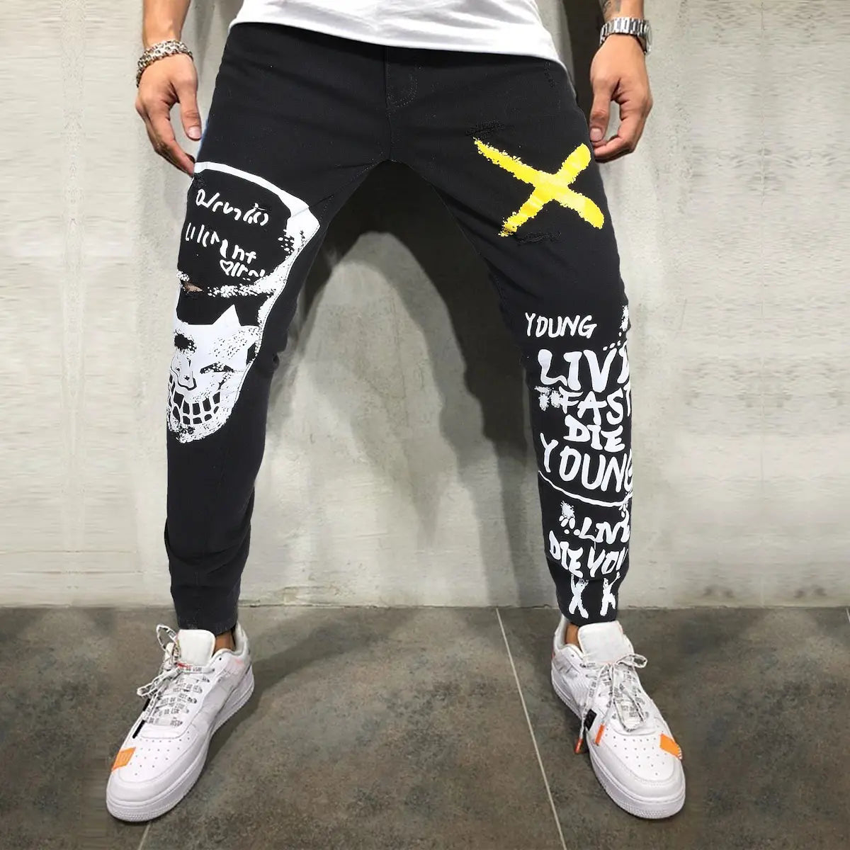Men's Print Ripped Stretch Denim Black Skinny Jeans
