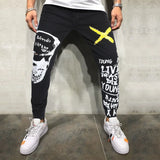 Men's Print Ripped Stretch Denim Black Skinny Jeans