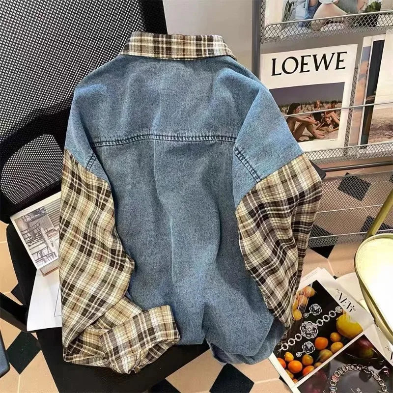 Men's Plaid Stitching Denim Shirt Women's Autumn New