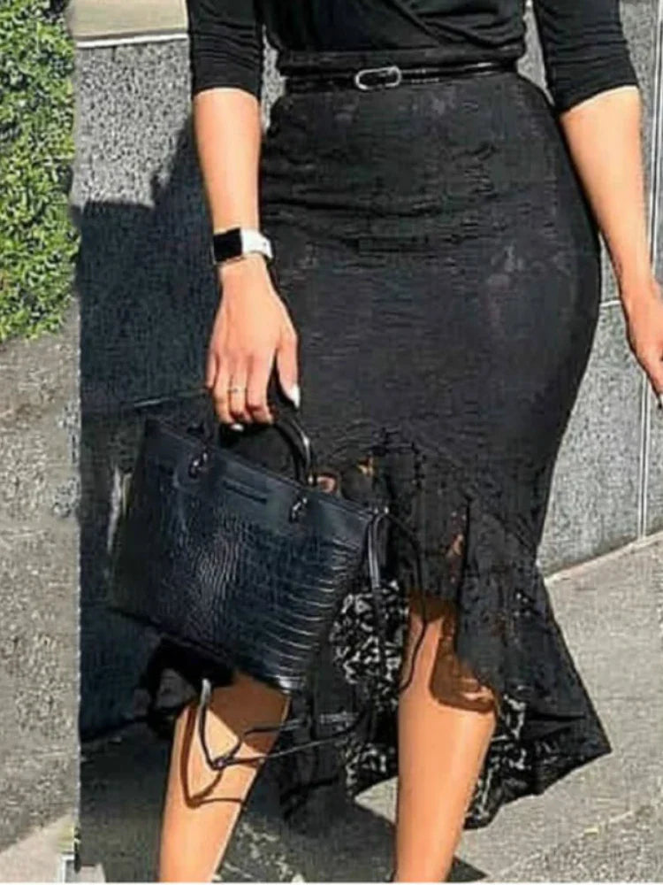 Women Midi Black Lace Skirt High Waist Fitted