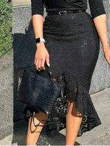 Women Midi Black Lace Skirt High Waist Fitted