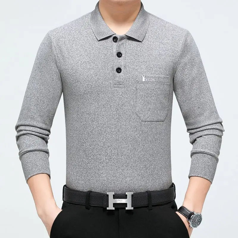 Mens Spring Autumn Solid Pullover Turndown Collar Button